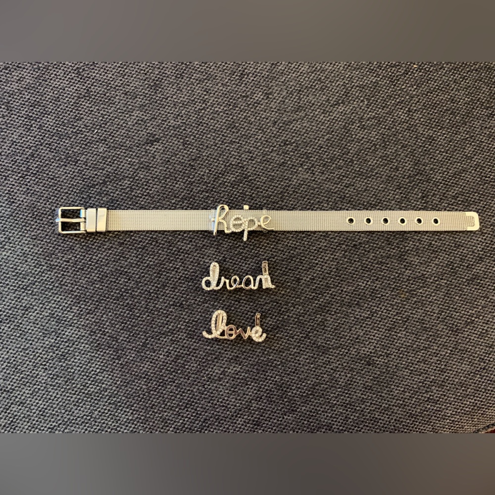 Metal mesh silver stainless steel bracelet with 3 interchangeable words! NEW!